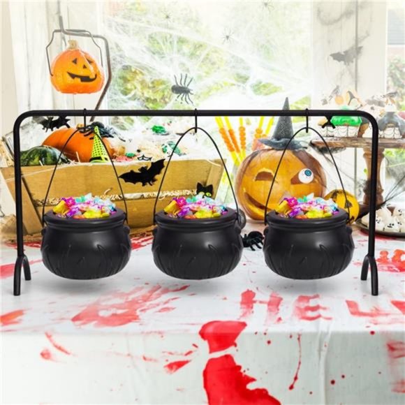 Halloween Candy Bowls, 3 Pcs Witches Cauldron Serving Bowl with Iron Rack, Black - Picture 6 of 7